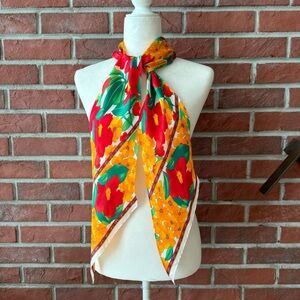 •Liz Claiborne Silk Floral Signed Logo Shawl Head Scarf 6”x70” Vintage